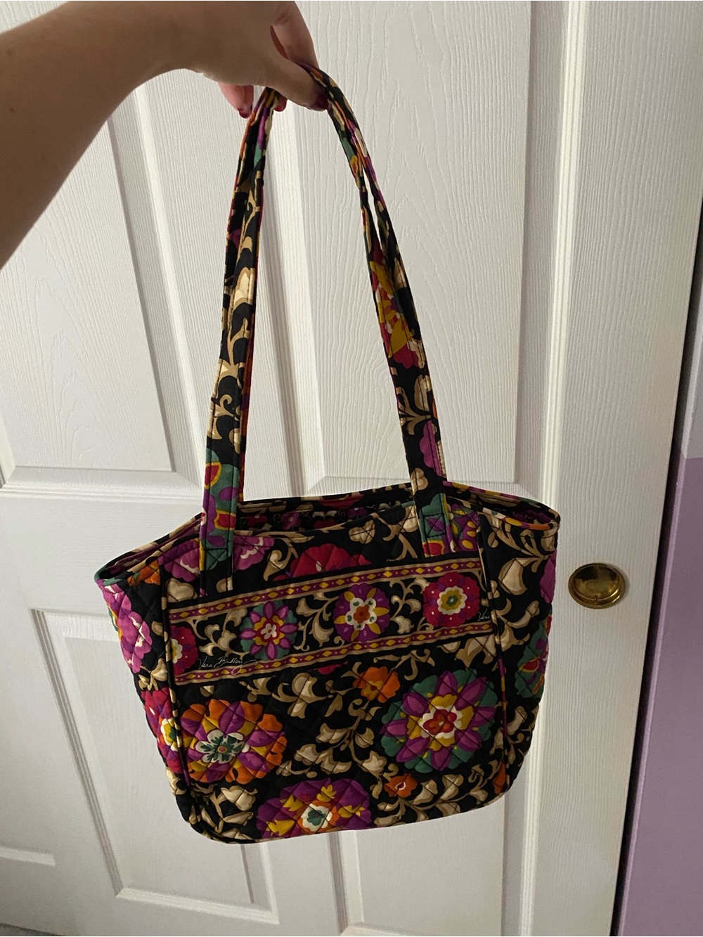 Vera Bradley Black Quilted Floral Tote with Pink, Purple & Yellow Accents